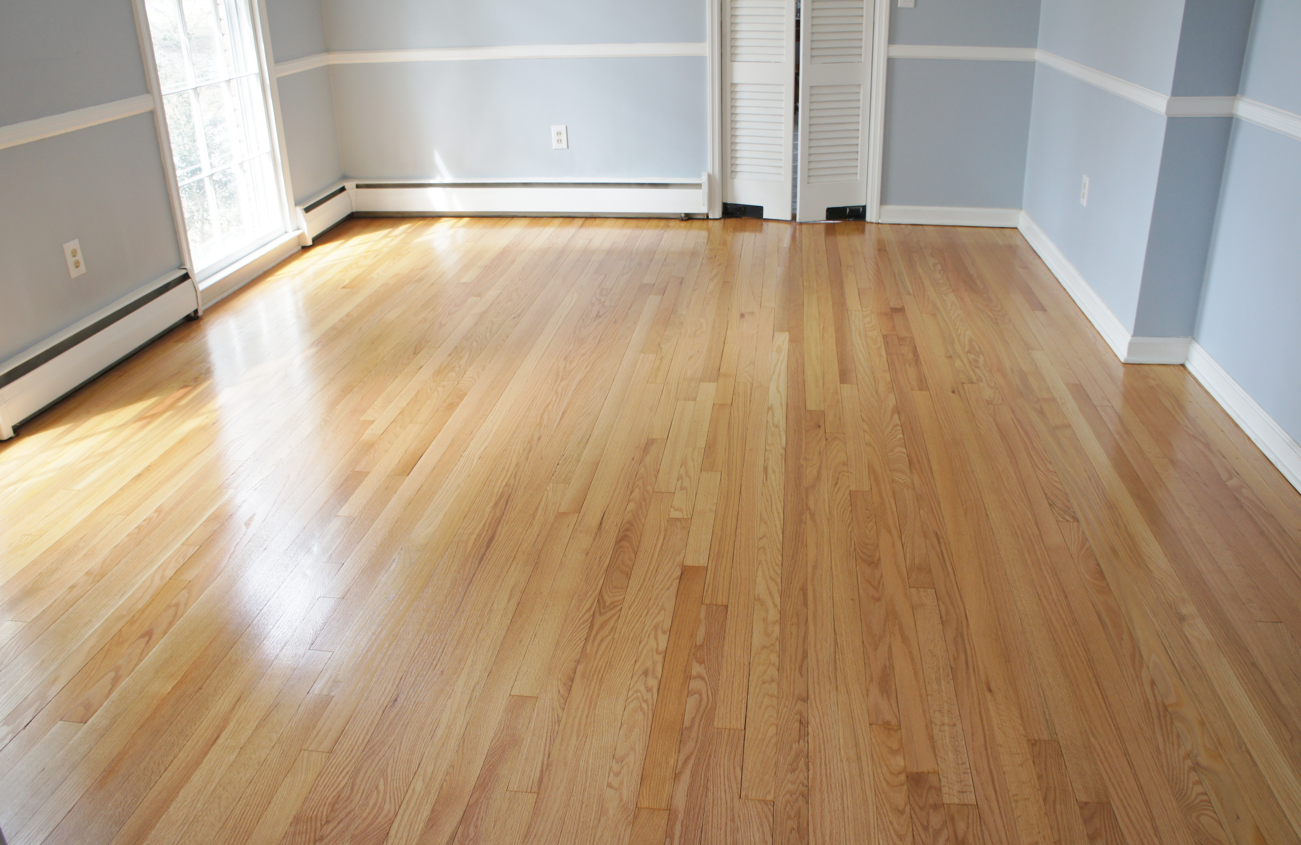 Hardwood floors in an empty room with blue walls